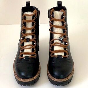 A New Day Black Lace up Boots Faux Fur Chunky Heel Biker Collegiate Boho Winter